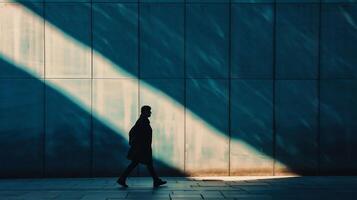 ai gegenereerd silhouet van een Mens wandelen in voorkant van een modern gebouw foto