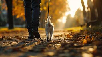 ai gegenereerd schattig weinig katje wandelen Aan riem in herfst park, detailopname foto