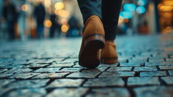 ai gegenereerd detailopname van een man's voeten wandelen in de stad foto