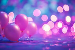 ai gegenereerd bundel van roze ballonnen Aan een Purper achtergrond met bokeh foto