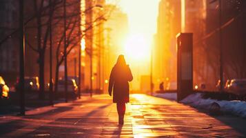 ai gegenereerd silhouet van een vrouw wandelen in de stad Bij zonsondergang. foto