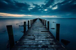 ai gegenereerd houten steiger Aan de strand met blauw lucht en wit wolken foto