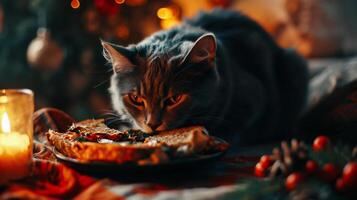 ai gegenereerd schattig gestreept kat aan het eten voedsel in voorkant van Kerstmis boom foto