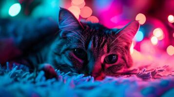 ai gegenereerd schattig gestreept kat met Kerstmis lichten Aan achtergrond foto