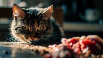 ai gegenereerd huiselijk kat aan het eten vlees in de keuken. selectief focus. foto