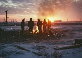 ai gegenereerd groep van mensen staand in de buurt de vreugdevuur in de winter Woud. foto