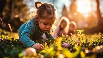 ai gegenereerd weinig meisje spelen met Pasen eieren in de tuin Aan een zonnig dag foto