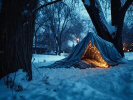 ai gegenereerd een tent in de winter Woud Bij nacht met een guirlande. foto