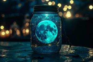 ai gegenereerd maan in een glas pot met bokeh lichten Aan achtergrond. foto