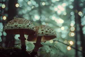 ai gegenereerd champignons in de Woud Bij nacht met bokeh effect foto