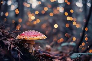 ai gegenereerd champignons in de Woud Bij nacht met bokeh effect foto