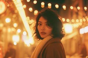ai gegenereerd portret van een mooi jong Aziatisch vrouw in de stad Bij nacht foto