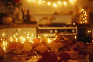 ai gegenereerd herfst nog steeds leven met kop van heet drankje, kaarsen en esdoorn- bladeren foto