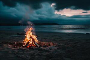 ai gegenereerd vreugdevuur Aan de strand Bij zonsondergang. camping Aan de strand. foto