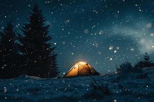 ai gegenereerd camping tent in winter Woud Bij nacht. toerist tent in besneeuwd Woud. foto