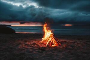 ai gegenereerd vreugdevuur Aan de strand Bij zonsondergang. camping Aan de strand. foto