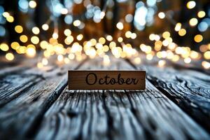 ai gegenereerd houten teken met de woord oktober Aan een bokeh achtergrond foto