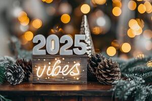 ai gegenereerd nieuw jaar 2025 in licht doos Aan houten tafel met bokeh achtergrond foto