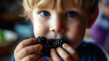 ai gegenereerd schattig weinig jongen aan het eten bramen in de keuken. gezond voedsel voor kinderen. foto