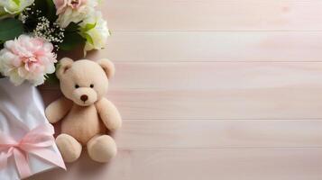 ai gegenereerd teddy beer en boeket van bloemen Aan roze houten achtergrond. foto