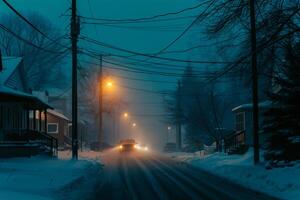 ai gegenereerd winter weg in de dorp Bij nacht met verkeer lichten en sneeuw. foto