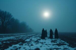 ai gegenereerd silhouet van drie Dames in de mist in een korenveld foto
