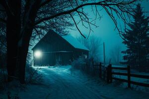 ai gegenereerd oud houten huis in een mistig winter nacht. winter landschap. foto