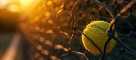 ai gegenereerd geel tennis bal vliegend in netto Aan donker achtergrond met kopiëren ruimte voor tekst plaatsing foto