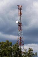 rood Wit telecommunicatieverbinding toren met top van groen boom Aan blauw lucht met wolken achtergrond foto