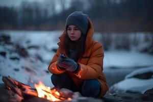 ai gegenereerd jong Kaukasisch vrouw verwarmt handen in de buurt klein vreugdevuur Bij winter wildernis avond, neurale netwerk gegenereerd afbeelding foto