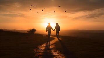 ai gegenereerd een heterosexual menselijk paar silhouetten Holding handen en wandelen naar dageraad Bij zomer veld, neurale netwerk gegenereerd fotorealistisch beeld foto