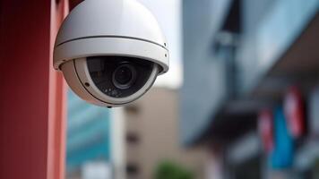 ai gegenereerd modern cctv camera in een stad straat dichtbij omhoog met selectief focus Bij dag, neurale netwerk gegenereerd afbeelding foto