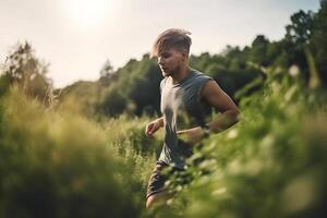 ai gegenereerd atletisch jong Mens rennen in de natuur, gezond levensstijl concept, neurale netwerk gegenereerd beeld foto