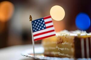 ai gegenereerd plak van taart met Amerikaans vlag met bokeh achtergrond, neurale netwerk gegenereerd beeld foto