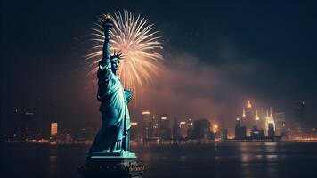 ai gegenereerd Manhattan panoramisch horizon met vuurwerk Bij nacht met standbeeld van vrijheid in voorgrond. neurale netwerk gegenereerd fotorealistisch beeld foto