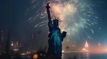 ai gegenereerd Manhattan panoramisch horizon met vuurwerk Bij nacht met standbeeld van vrijheid in voorgrond. neurale netwerk gegenereerd fotorealistisch beeld foto