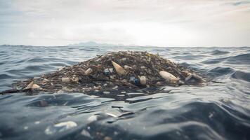 ai gegenereerd plastic vuilnis drijvend Aan oceaan oppervlakte Bij daglicht, neurale netwerk gegenereerd beeld foto