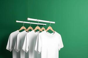 ai gegenereerd hangers met blanco eenkleurig t-shirts Aan groen achtergrond, neurale netwerk gegenereerd beeld foto