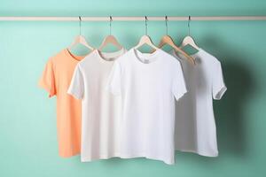 ai gegenereerd hangers met blanco eenkleurig t-shirts Aan turkoois achtergrond, neurale netwerk gegenereerd beeld foto