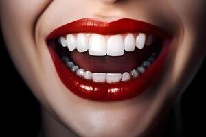 ai gegenereerd mooi wit tanden van vrouw mond met geschilderd lippen, neurale netwerk gegenereerd beeld foto