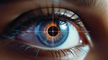 ai gegenereerd verbijsterend oculair detailopname presentatie van de schoonheid van de menselijk oog foto