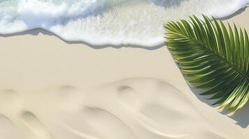 ai gegenereerd tropisch palm blad schaduw Aan water oppervlakte en wit zand strand voor zomer vakantie banier foto