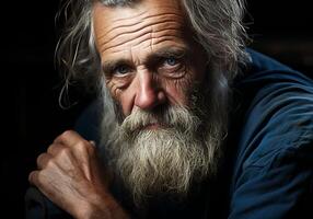 ai gegenereerd portret van ouderen boer Mens geïsoleerd Aan donker achtergrond, denken en op zoek. foto