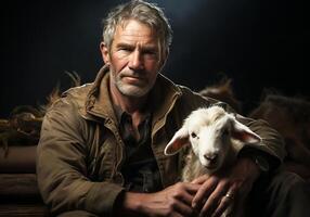 ai gegenereerd portret van een moment van genegenheid tussen een ouderen boer Mens en zijn geit. zorg en aandacht. huiselijk en boerderij dieren. foto