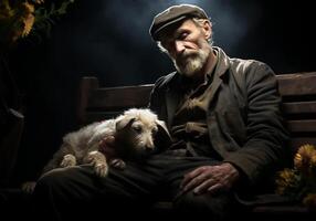 ai gegenereerd portret van een moment van genegenheid tussen een ouderen boer Mens en zijn hond. zorg en aandacht. huiselijk en boerderij dieren. foto