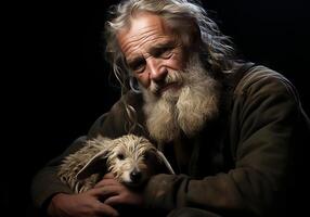 ai gegenereerd portret van een moment van genegenheid tussen een ouderen boer Mens en zijn hond. zorg en aandacht. huiselijk en boerderij dieren. foto