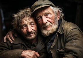 ai gegenereerd portret van een moment van genegenheid met een knuffel tussen twee ouderen Heren. familie, vrienden of buren foto