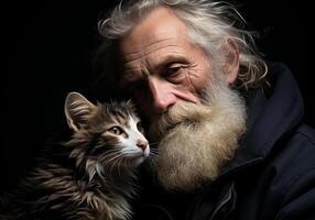 ai gegenereerd portret van een moment van genegenheid tussen een ouderen Mens en zijn kat. zorg en aandacht. huiselijk en boerderij dieren. foto