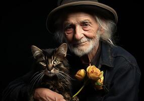 ai gegenereerd portret van een moment van genegenheid tussen een ouderen Mens en zijn kat. zorg en aandacht. huiselijk en boerderij dieren. foto