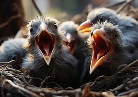 ai gegenereerd weinig vogelstand in de nest aan het wachten naar worden gevoed. dieren in wild leven. foto